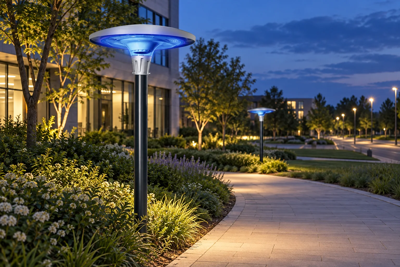 Luces solares de jardín iluminando un sendero en un recinto moderno al anochecer